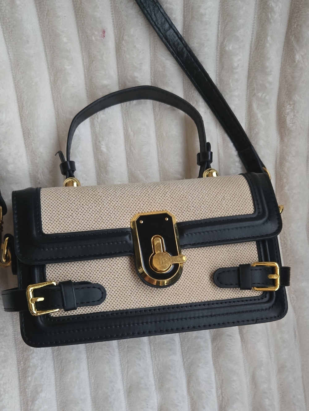 Black & Cream Structured Crossbody Bag with Gold Hardware